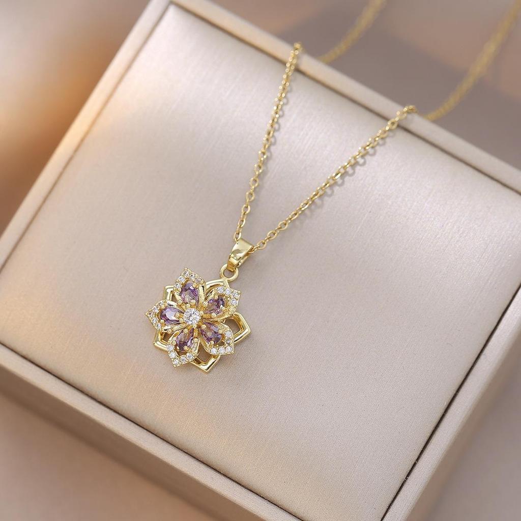 Purple Bauhinia Zirconia Flower 360° Rotatable Necklace for Women – European & American Style, New Five-Petal Design