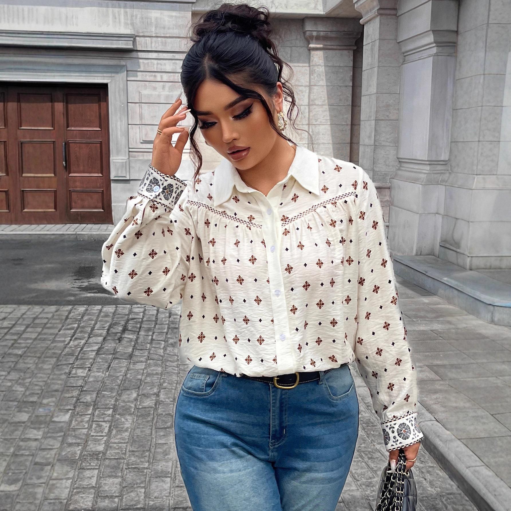 

Новая женская рубашка с принтом и ажурным дизайном и воротником поло для модного и повседневного образа 4XL абрикосовый