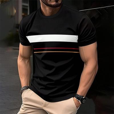 Men's Simple and Fashionable Striped T-shirt Summer Casual Short Sleeved 3D Printed T-shirt Loose Round Neck Breathable Pullover