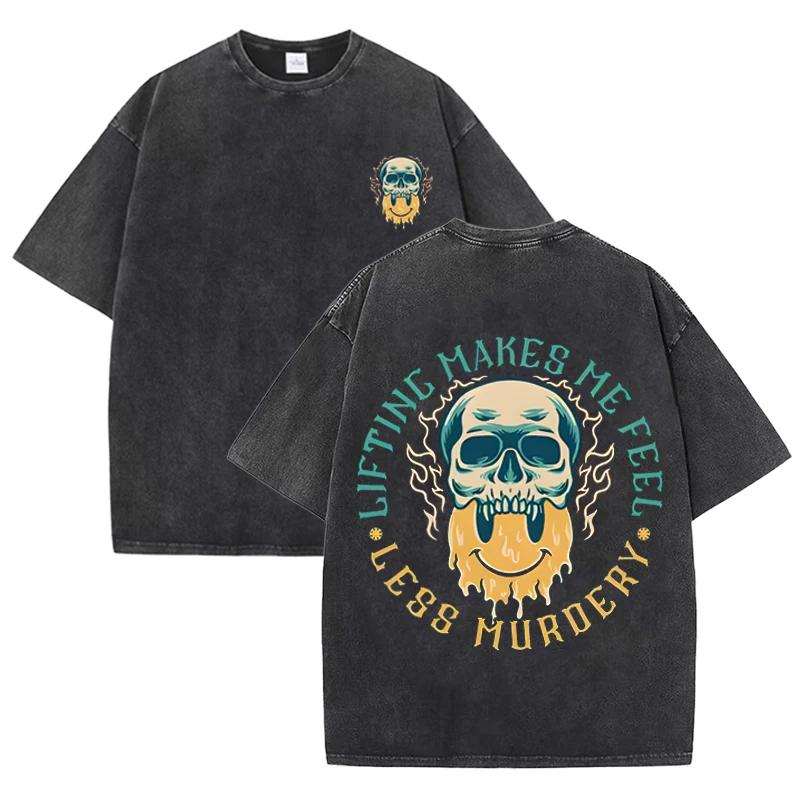 Retro Lifting Quote T Shirt Skull & Flame Print Men Bodybuilding Casual Streetwear S