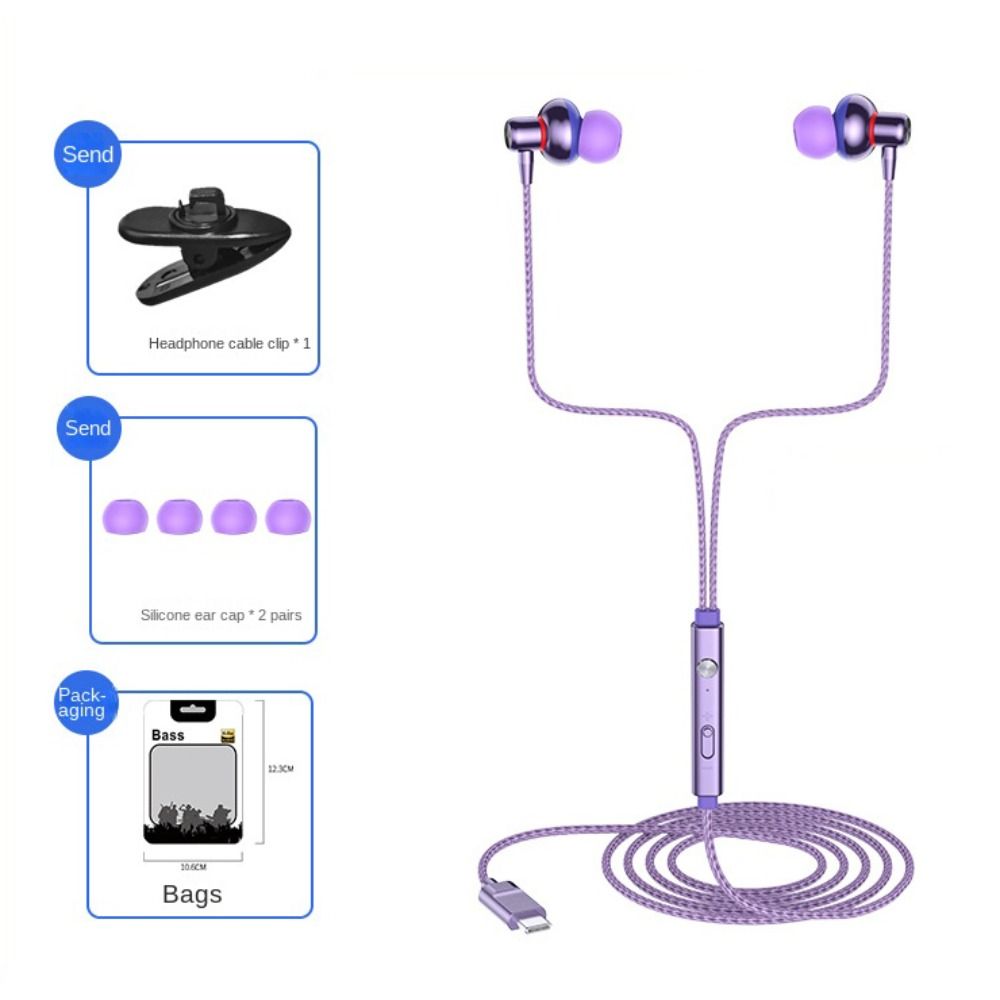 

Heavy Bass Wired Headphones Wired Subwoofer Earphone Earbuds in Ear Headphone Mobile Phone purple-Type C