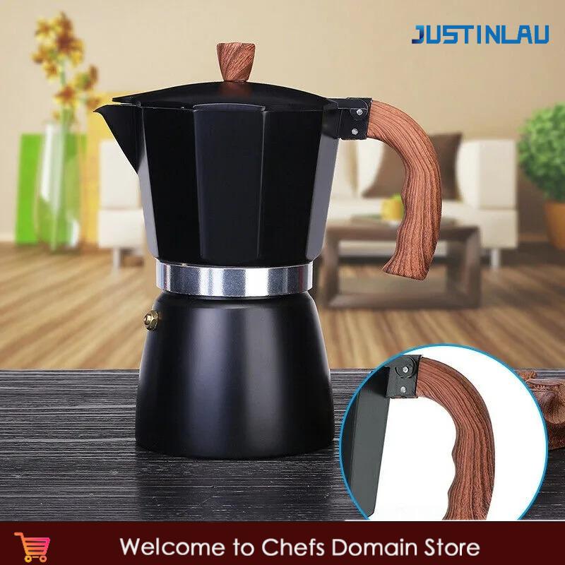 JUSTINLAU Italian Moka Pots Wood Handle Aluminum Espresso Coffee Maker Percolator Stove Top Pot Barista Tools Cafe Accessories