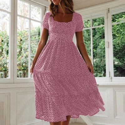 Women Dress Small Flower Print Patchwork A-line Flowy Hem Square Neck Short Bubble Sleeves Pleated Shirring Dating Vacation Midi Dress