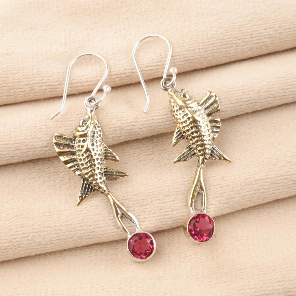Natural Pink Rubellite Gemstone 925 Sterling Silver Handcrafted Earrings 2.17" EE-148-1