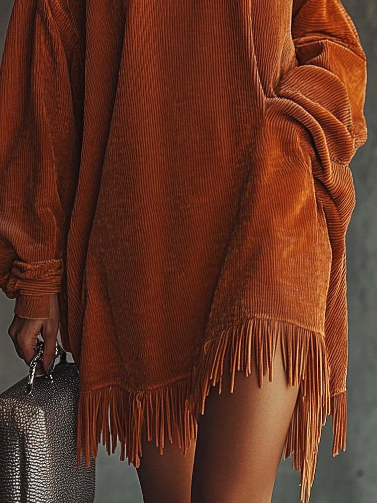 Elegant Loose Fringe Long Sleeve Corduroy Dress 2025