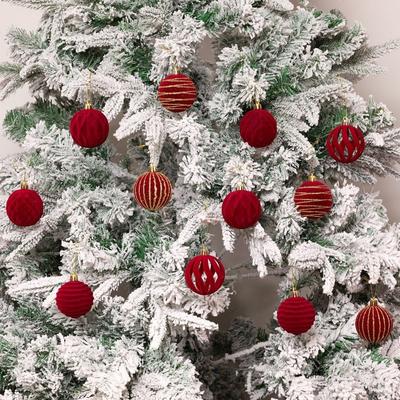 12 Pièces/Boîte Boules de Noël Suspendues en Velours 6CM Loisirs Créatifs DIY Ornement d'Arbre de Noël Peint Ensemble de Boules de Noël Floquées en Plastique