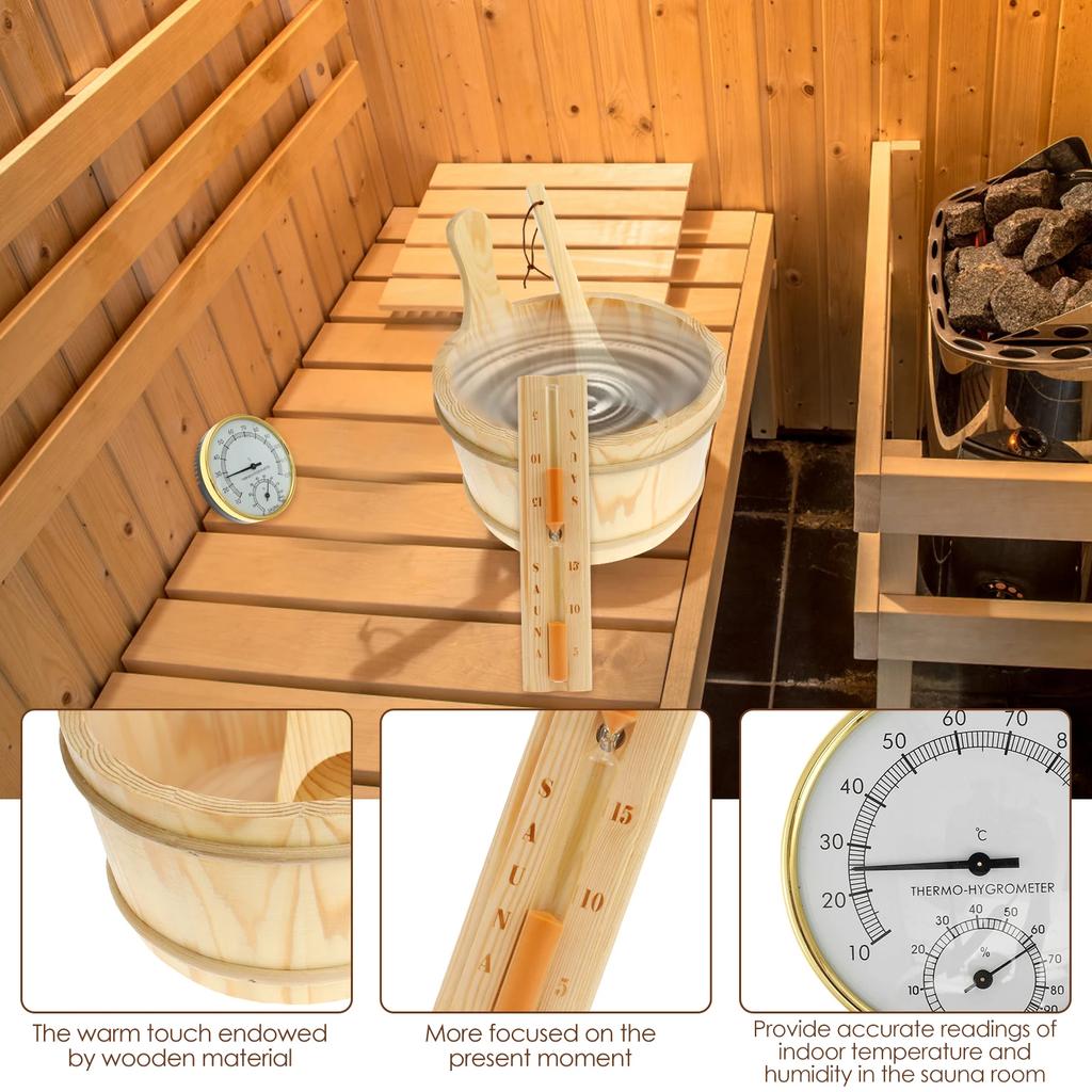 4-teiliges Set Sauna-Zubehör Holz Sauna-Eimer Sauna-Schöpfkelle mit Griffdesign 2 in 1 Sauna-Thermometer & Hygrometer Sanduhr-Timer