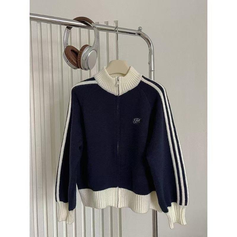 

Personalized simple contrasting color zipper cardigan sweater winter new women s clothing long-sleeved stand-up collar loose top S синій