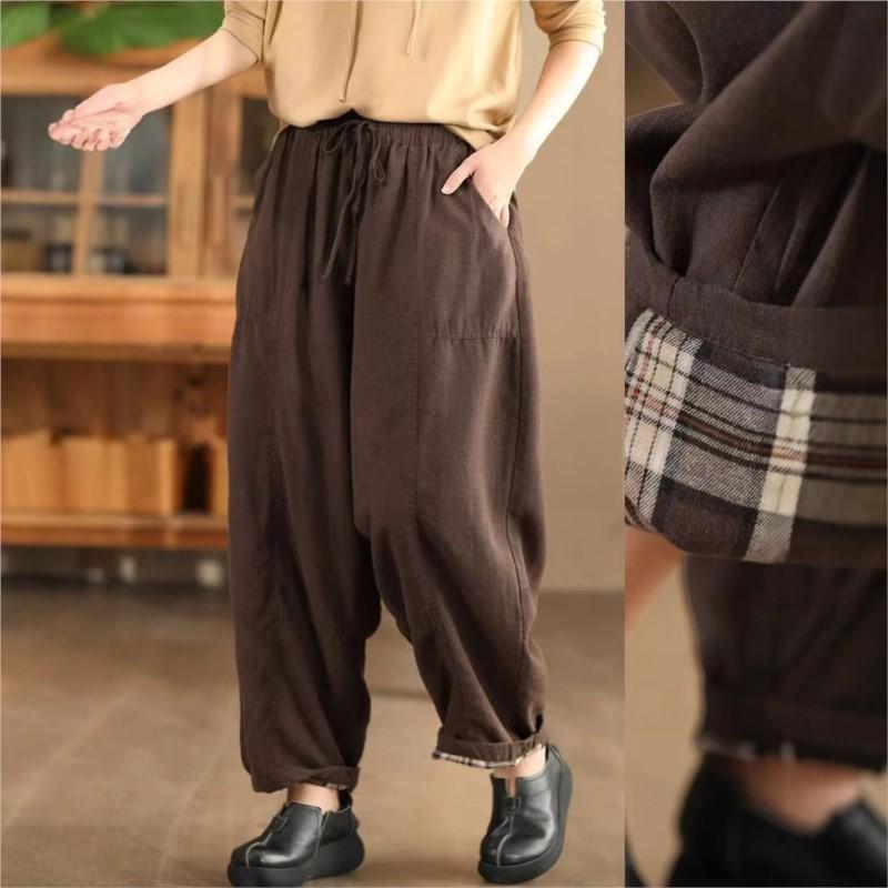 Johnature Woman Winter Fashion Solid Color Elasticated Waist Harem Pants Loose Casual Vintage Style Retro Pants