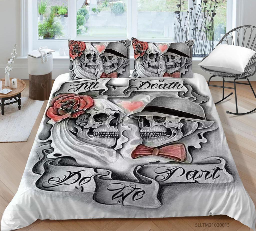 3D Black Skull Head Pattern Bedding Single Double Bed Full Size Special Skull Head Print Pillowcase and Quilt Cover 2 or 3 Comfortable Home Decoration