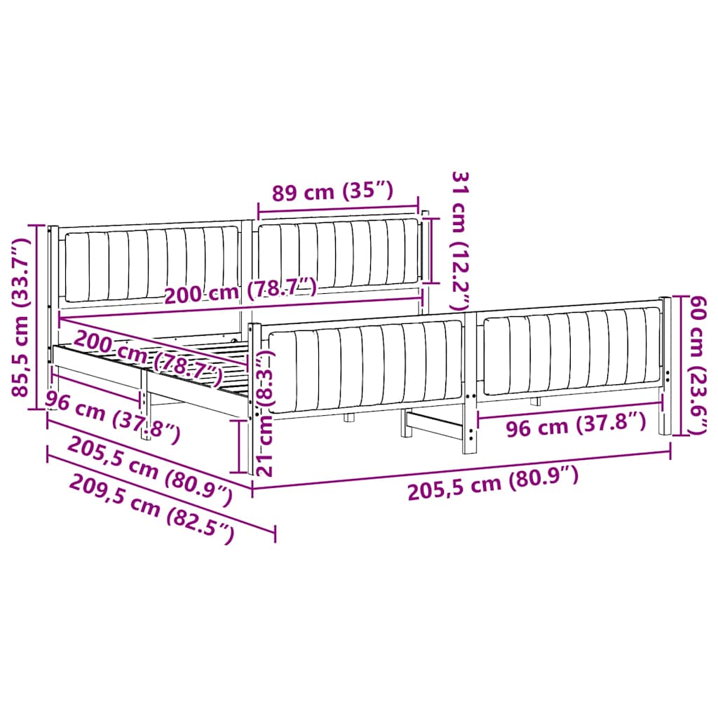 Brown and Light Grey Bed Frame 200 X 200 Cm Solid Pine Wood