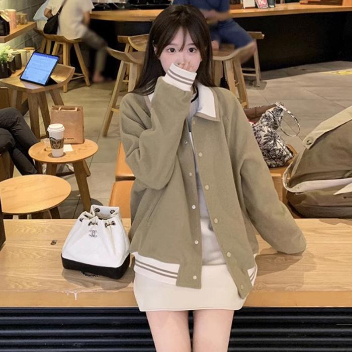 

Women s Cotton Baseball Jacket: Autumn/Winter Korean Style, Loose Fit, Color Block, Thickened Lapel, Fashionable and Lightweight. L