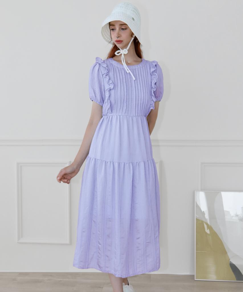 Keulleiseu Smocking Frill Short Sleeve Long Dress_White