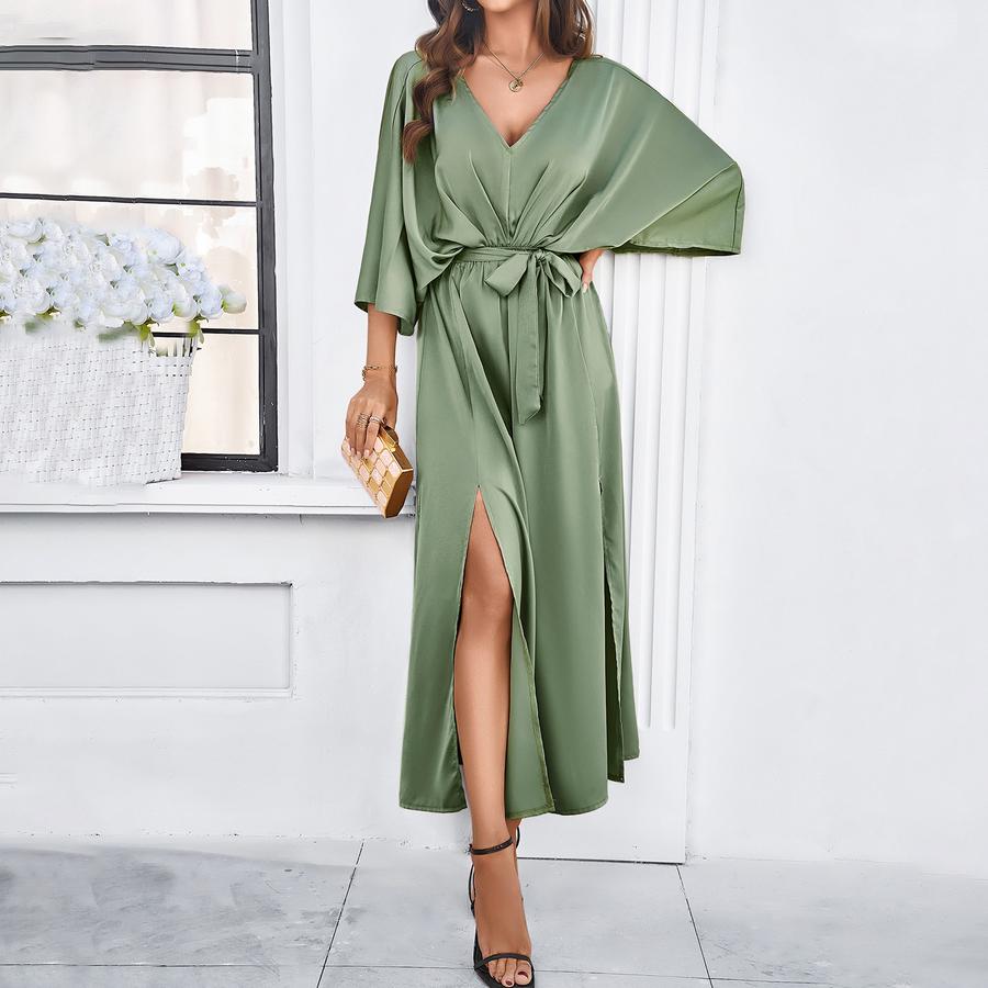 Damen Frühling Sommer Import Mode Elegant Hohe Taille V-Ausschnitt Locker Kleid