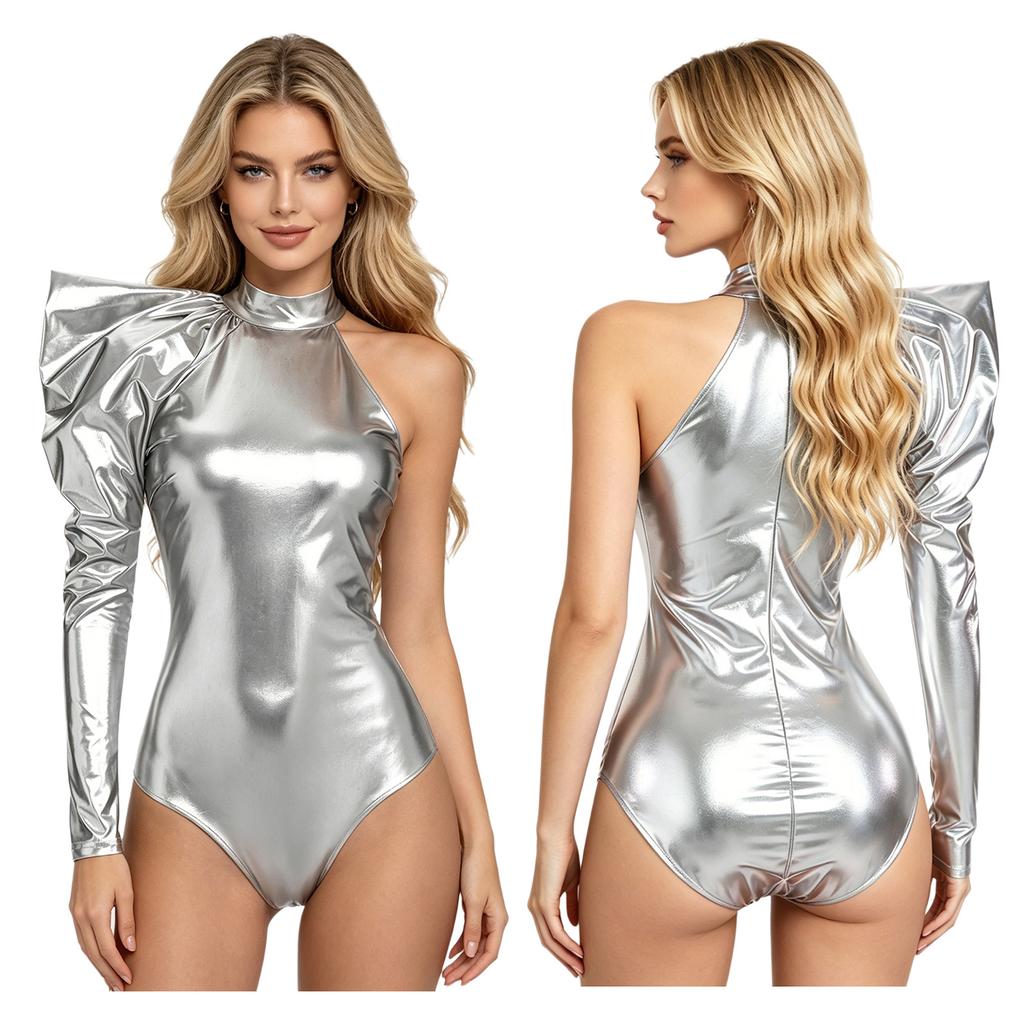 S-3XL Women Metallic Shiny Bodysuit Dramatic Puff Sleeve Long Sleeve One Shoulder Mock Neck Asymmetrical Leotard Jumpsuit for Nightclub