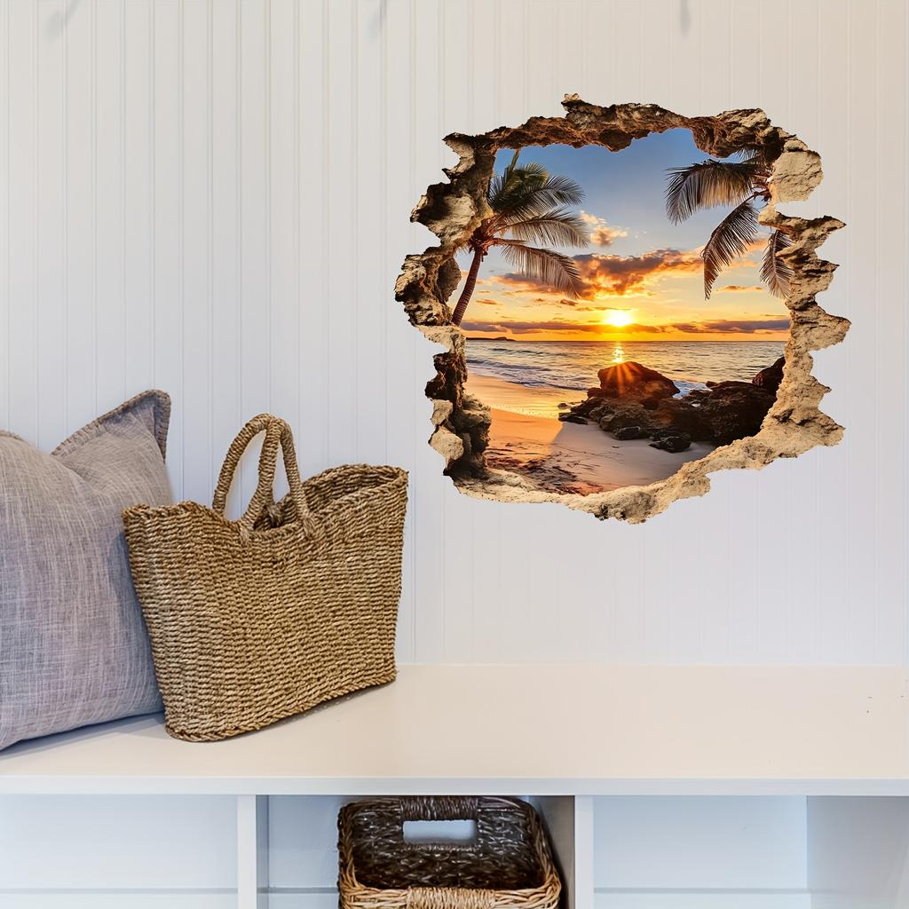 3D Break Through The Wall Beach Ocean Landscape Wall Decal Lifelike Wall Sticker PVC Irregular Shape Mural Background Wall Decor