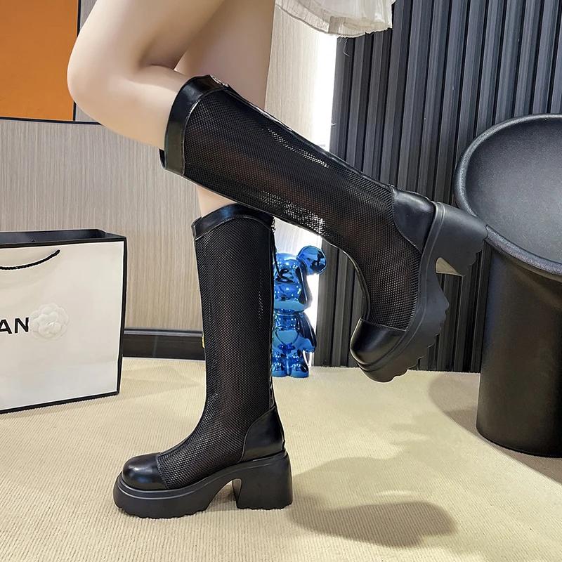 7CM Female Summer Knee-high Mesh High Boots Women ZIP Breathable Mesh Knight Boots Thick Heel Hollow Long Cool Boots Botas Mujer