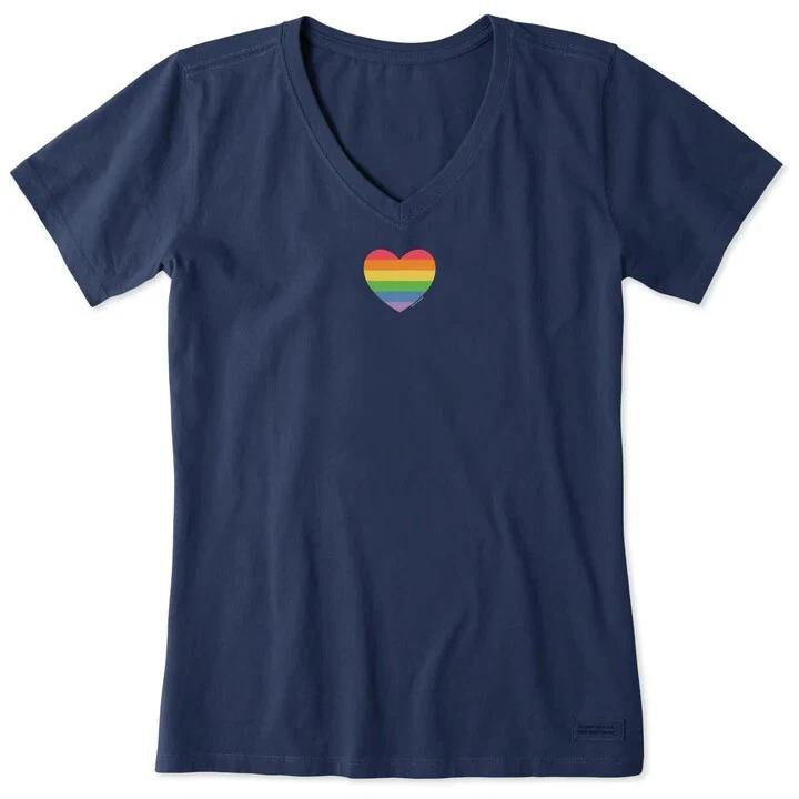 Life is Good. Women s Rainbow Pride Heart Short Sleeve Crusher Vee, Darkest Blue 3XL