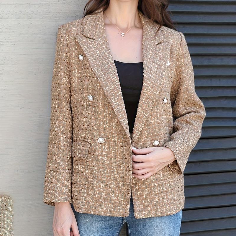 

European & American Elegant Plaid Slim Fit Double-Breasted Jacket Small