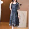 Summer Women Printed Dress Ice Silk Mesh Plus Size Midi Floral Dress