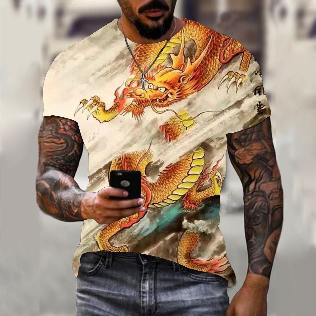 Summer Round Neck 3D Dragon Print Top Fashionable Casual Short Sleeved Men's T-shirts