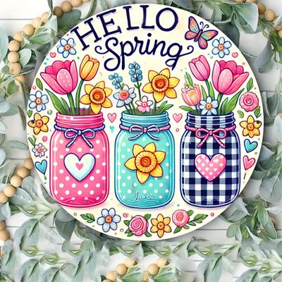 Wooden Vintage Style Hello Spring Round Wood Sign with Tulips, 7.8" Wall Art for Bedroom, Kitchen, Dining, Durable, Easy To Hang, Ideal for Home
