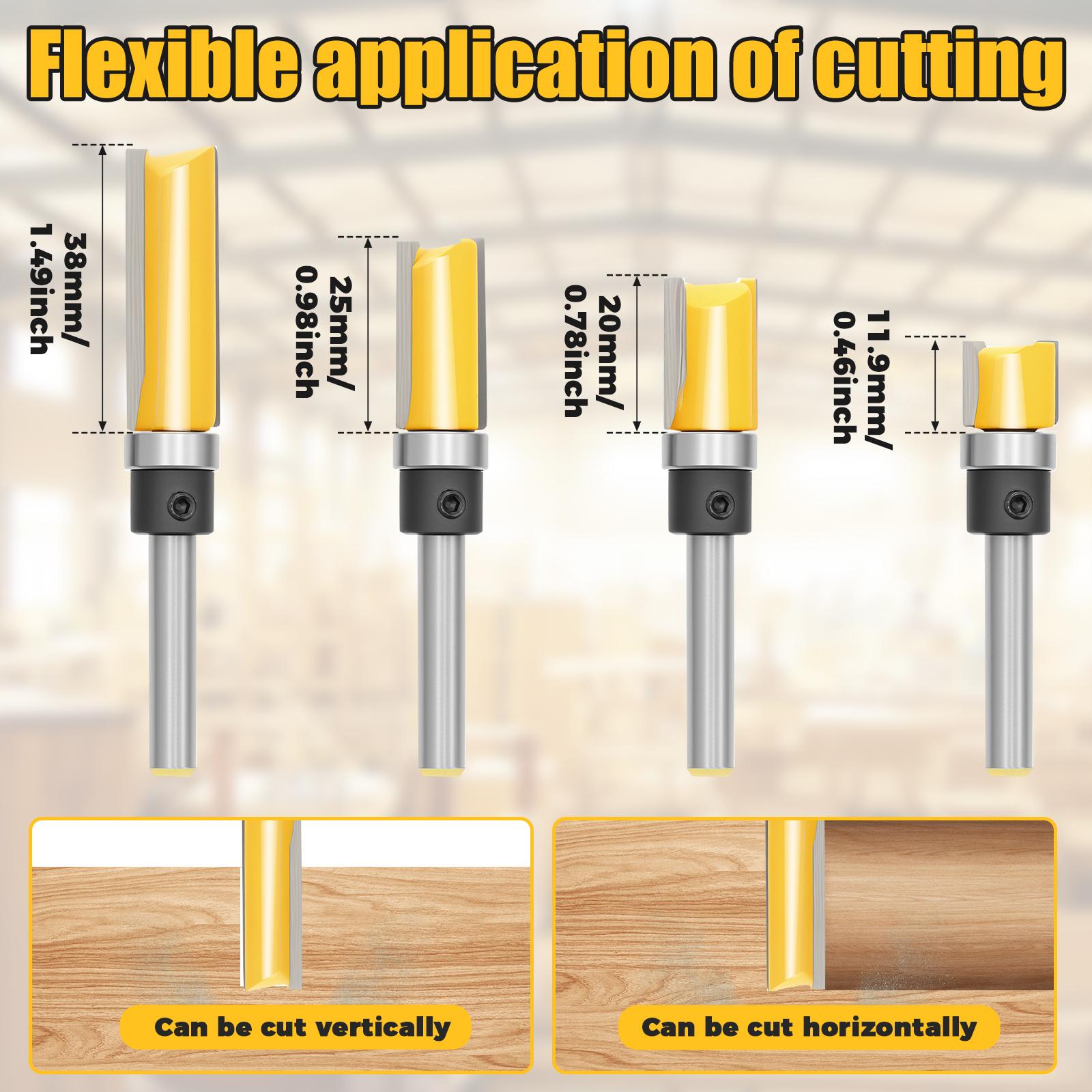 

4Pcs Top Bearing Flush Trim Router Bit Set Carbide Flush Cut Router Bit 1/4 Inch Shank Wood Trimming Cutter for Woodworking 1 4 handle