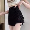 2024 Summer Women's Black Spicy Girl Ruched High Waist Irregular A-line Mini Skirt Pants