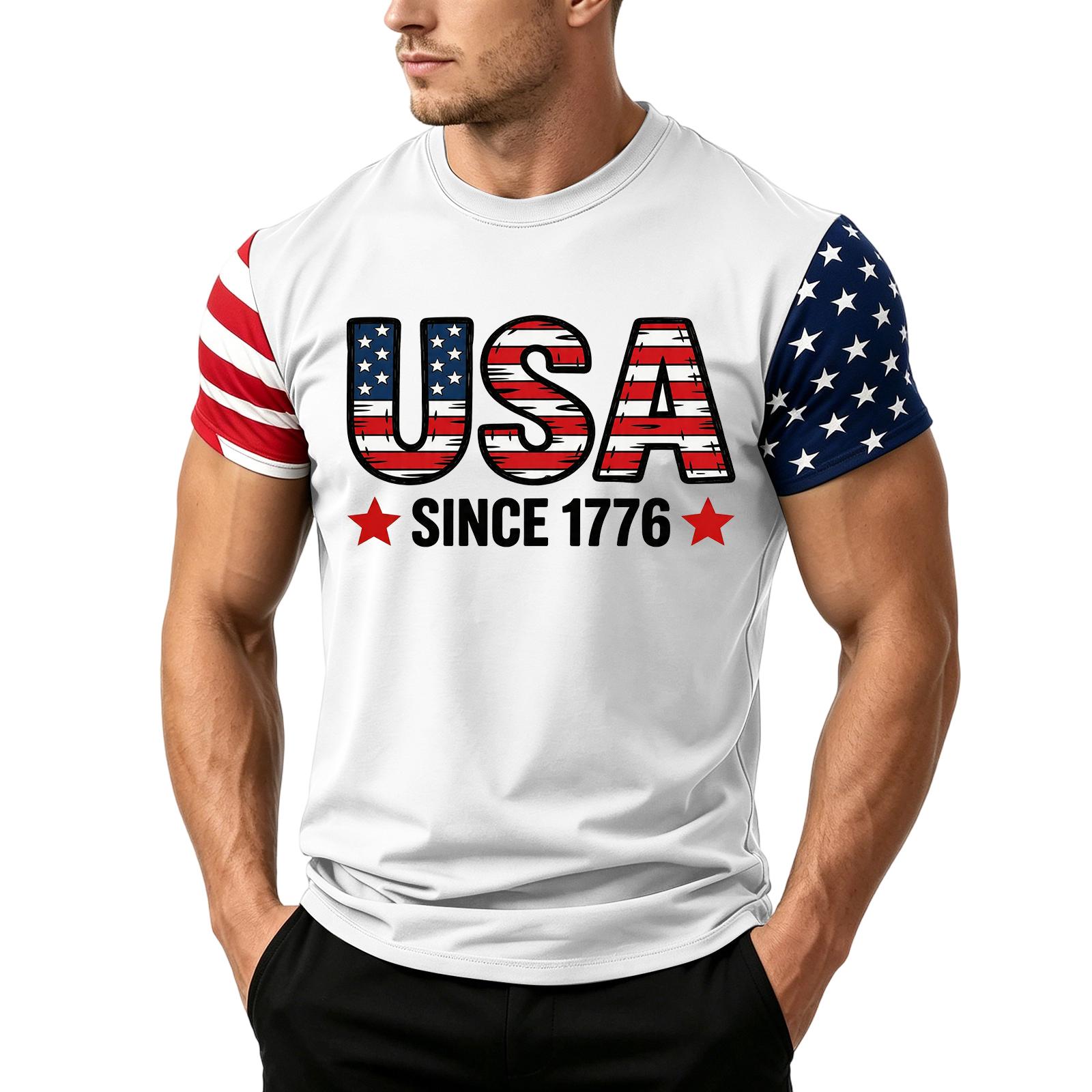 

Men s Casual Loose Fit Short Sleeve T Shirt Summer Daily Wear Crew Neck Top with Flag Print Graphic Design for Outdoor Activities XL белый