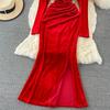 Autumn New Hepburn Evening Dress Split Hip Dress Sexy Temperament Diamond Square Neck Golden Velvet Dress