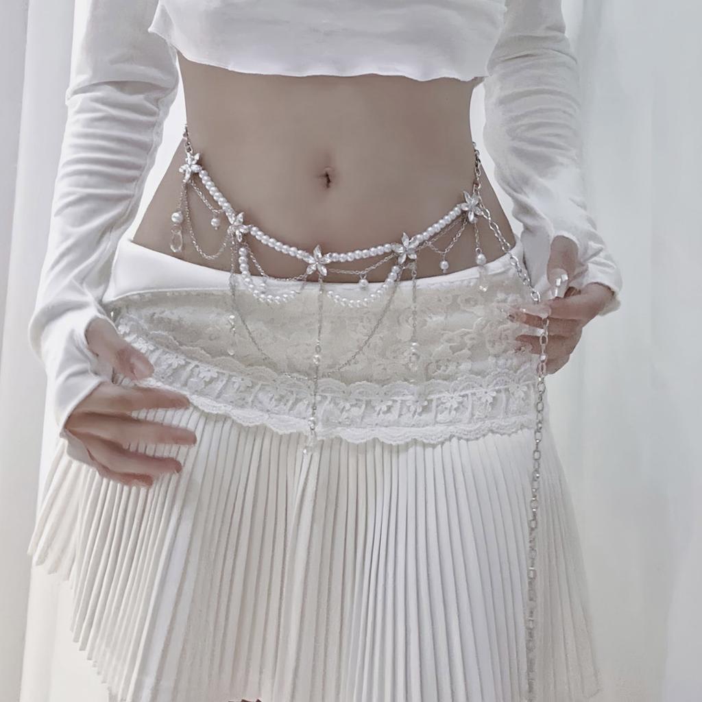 Trendy Long Metal Pearl Waistband Silver Hip Belly Chain for Women Perfect for Sweater Dresses and Rave Outfits