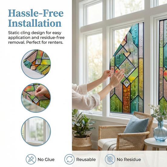 Window Privacy Film Static Window Clings Decorative Plants Butterflies Non-Adhesive Sticker Sun Blocking