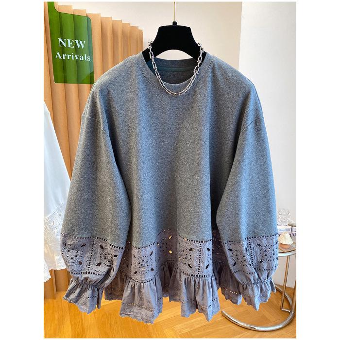 Oversized T Shirts Women's Clothes Patchwork Lace Long Sleeve Tees O-neck Casual Camisetas Fashion White T-shirt 2025 Ropa Mujer