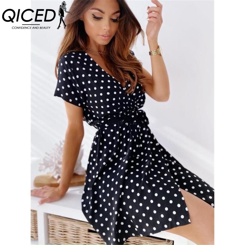 QICED Women Summer Fashion Short Sleeve V Neck Mini Dress Female Polka Dot Split Dresses Vestidos for Women Beach Party Boho Dress