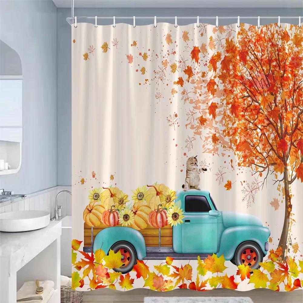 

Farm Pumpkin Sunflower Shower Curtains Maple Leaves Cat Truck Autumn Scenery Waterproof Fabric Bathroom Curtain Decor With Hooks 90x180cm-35x70in