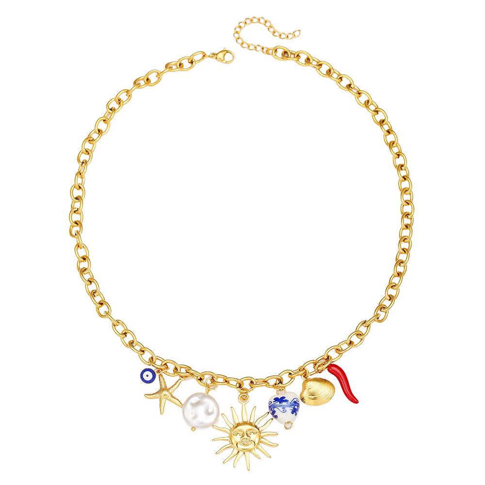 Summer Starfish & Pearl Heart Sea Turtle Pendant Necklace - Dopamine Stainless Steel Clavicle Chain