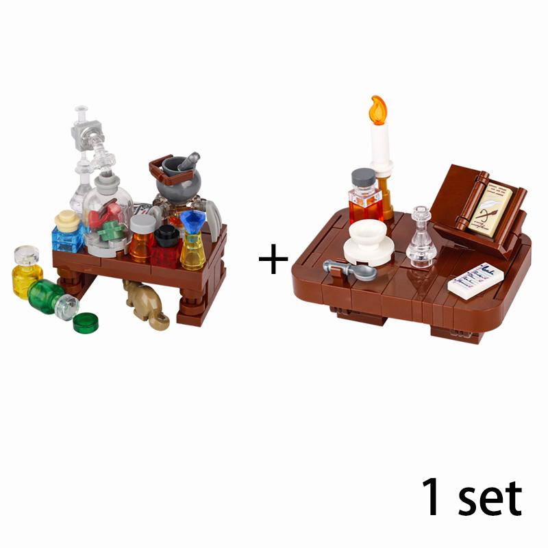 MOC Steine Mittelalter Alchemie Raum Küche Zauberer Trank Bausteine Teufelsquelle Schloss Straßenlaterne Hexen Figuren Szene Schädel