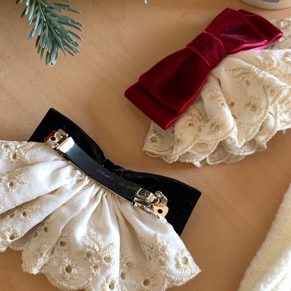 Wine Red Bowknot Spring Clip Cloth Lace Bow Hairpin Sweet Red Velvet Bow Hair Clip Girls