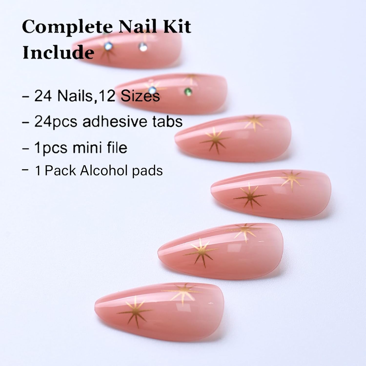 Short Almond Press on Nails Medium Colorful Star Fake Nails with Rhinestones Designs Glitter Full Cover Stick on Nails Pink Glossy Acrylic Nails Glue