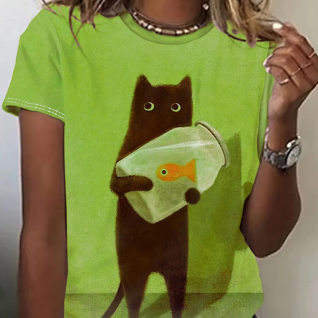 2024 Ny Stil T-shirt För Kvinnor Kattgrafiskt Tryck Rolig Kvinnlig Oversized T-shirt Sommar Damkläder Kortärmad Mode