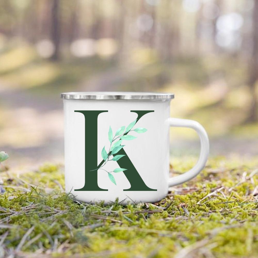 Emaille-Tasse mit Henkel, Aquarell, grünes Blatt mit Alphabet, Tasse, personalisierte Geschenke, Kaffee-Reisebecher, Bierbecher für Kaffee- und Teetassen