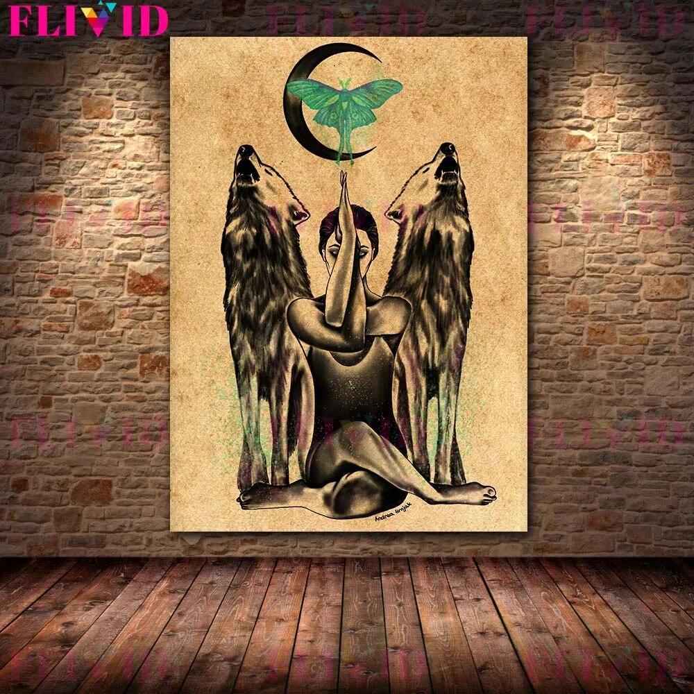 Wolf Woman And And Moon Wicca Vintage Wall Art Canvas Painting Daughters Of The Moon Art Poster And Print Home Decor No Frame
