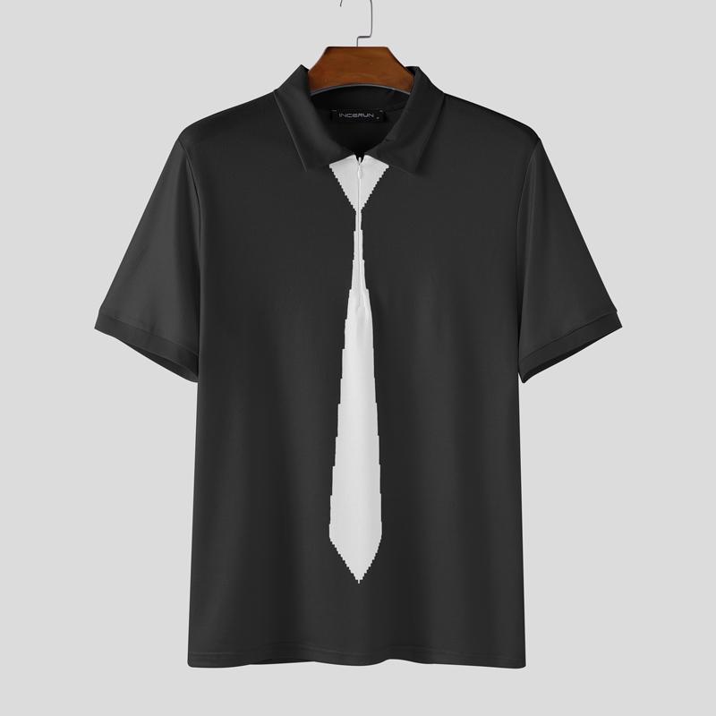 

INCERUN Men Lapel Neck Short Sleeve Tie Print Zipper Casual T-shirts Tops чёрный