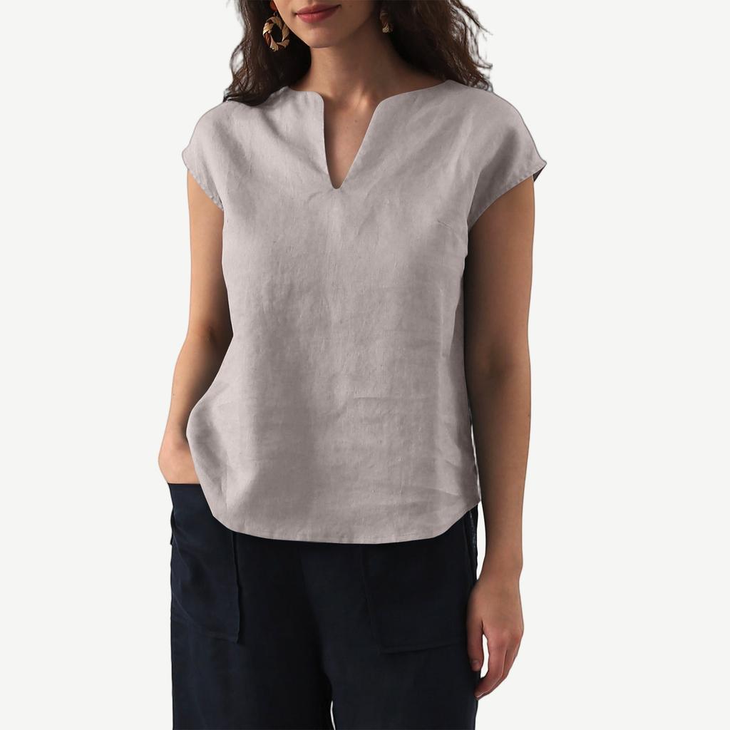 Women's Fashion Casual Cotton Linen V-Neck Cover Sleeve Solid Color Shirt T-Shirt Top