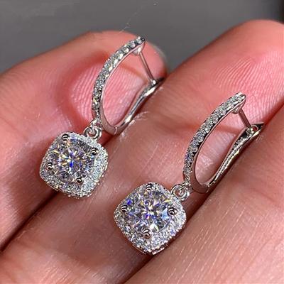 Luxury 925 Sterling Silver Square Crystal Statement Drop Earrings for Women Girls Fashion Jewelry Valentines Day Gift