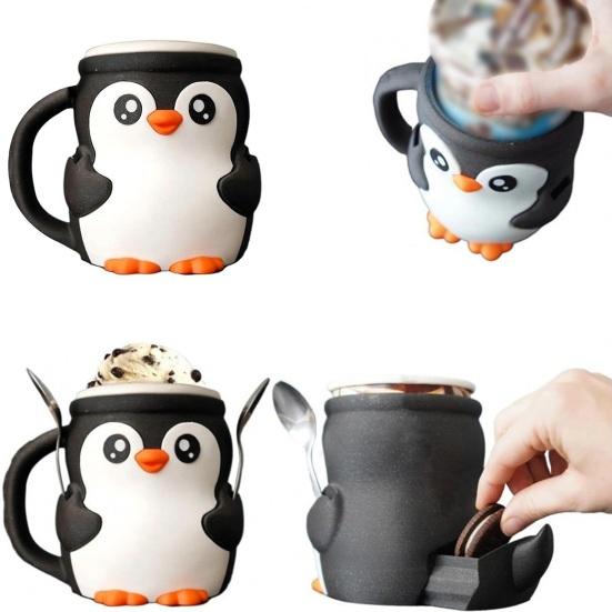 1 Set Penguin Ice Cream Pint Cup Holder with Hidden Snack Drawer Spoon Holder Reusable Ice Cream Container Holder Kitchen Gadgets