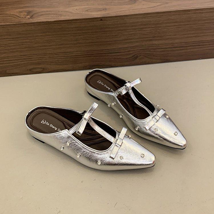 Soft Leather Version~ Baotou Half Slippers Sweet Sandals French Evening Wind Rhinestone Pointed Bow Empty Muller Shoes