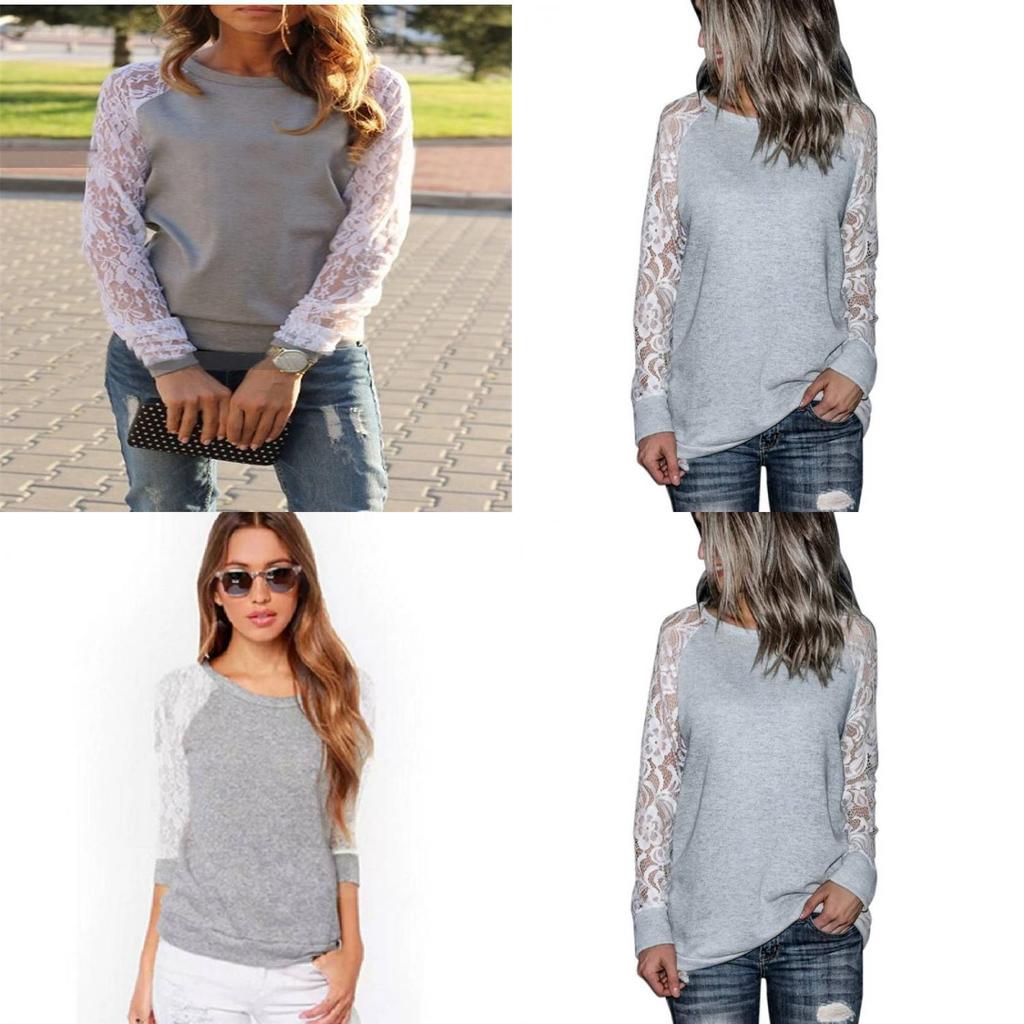 Korean Style Womens Lace Panel Long Sleeve Slim Fit Blend Round Neck Casual Top