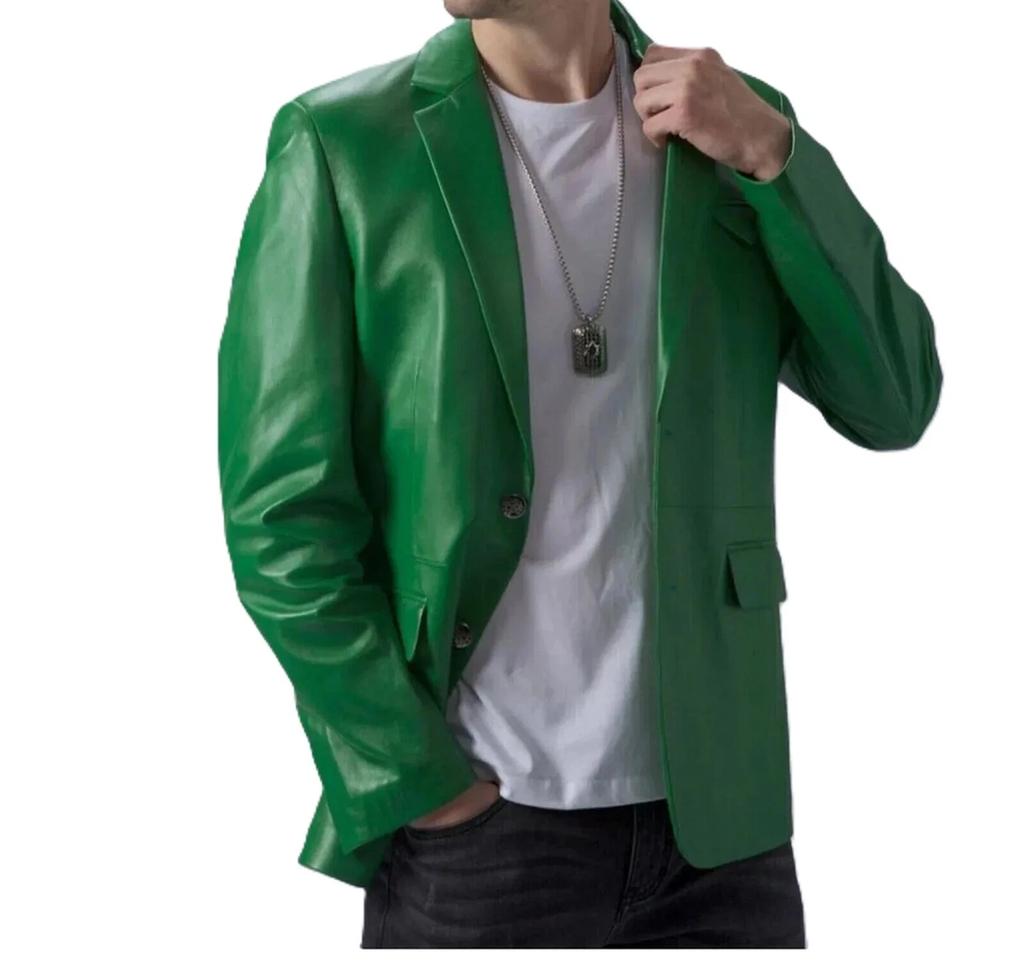 Lambskin Formal Stylish Men Blazer Green Two Button Handmade Genuine Leather
