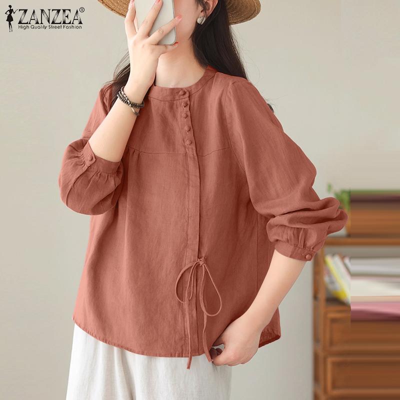 ZANZEA Women Casual Round Neck Solid Color Loose Long Sleeve Blouse
